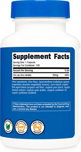 Miniatura 4 de Nutricost Quelato de zinc de 50 mg, 120 cápsulas vegetarianas, sin gluten y sin OMG