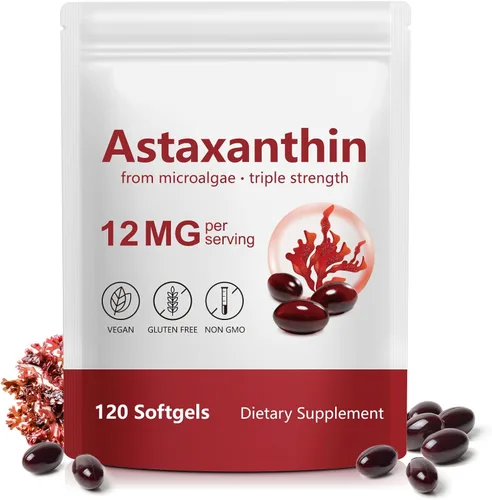Suplementos de Astaxantina 12 mg - 120 cápsulas blandas | Antioxidante natural premium de microalgas | Apoyo para la salud de los ojos, la piel, el