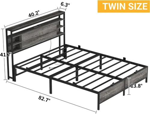 Miniatura 3 de Unikito Base de cama de tamaño individual con estación de carga y luz LED RGB, plataforma resistente con cabecera de almacenamiento, listones