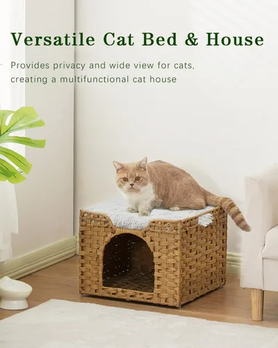 Miniatura 7 de SETVSON Camas para gatos para interiores, casa de gatitos, cubo de ratán tejido a mano, cueva para gatos, casas grandes para gatos, una alfombrilla