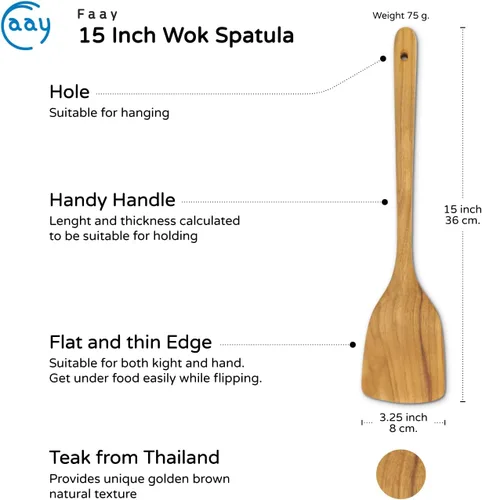 Miniatura 2 de FAAY Espátula wok de 15 pulgadas, pala de mango largo, espátula para freír, hecha a mano de madera de teca de alta resistencia a la humedad