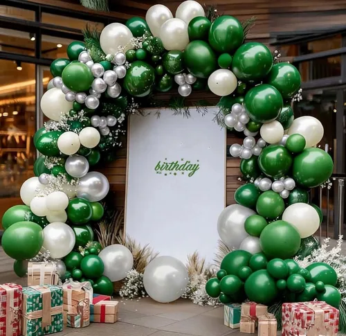 Miniatura 11 de Arco de globos de látex negro y verde, guirnalda de globos de látex de doble relleno, color verde oscuro, marrón, plateado, para camuflaje