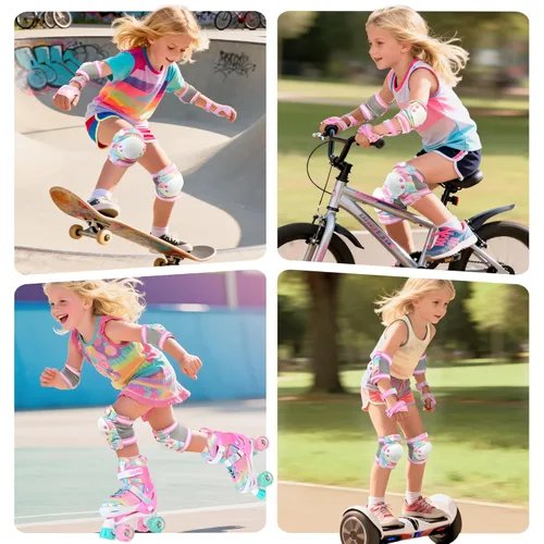 Miniatura 6 de NEMONE Rodilleras para niños, niñas, coderas, muñequeras con bolsa de cordón, juego de equipo de protección reflectante ajustable para patinaje