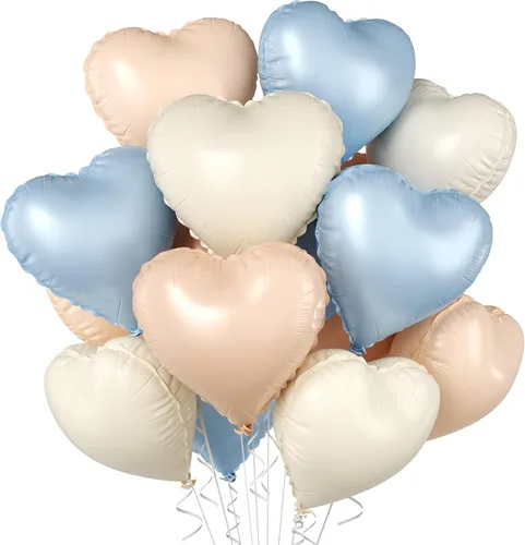 Miniatura 34 de Globos de corazón azul bebé, 10 piezas de globos en forma de corazón azul claro y blanco pastel, globos de papel de aluminio blanco arena crema