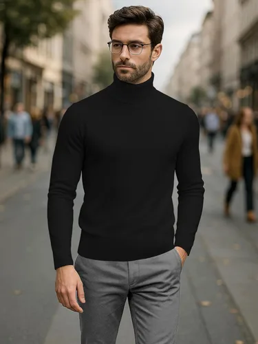 Miniatura 2 de URBAN BUCK Camisa de cuello alto para hombre, de manga larga, acanalada, informal, ajustada, de algodón, cuello de tortuga, suéter sin botones