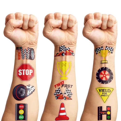 Miniatura 8 de 96 piezas de dos tatuajes temporales rápidos para niños, recuerdos de fiesta de segundo cumpleaños, suministros de decoración de carreras a cuadros