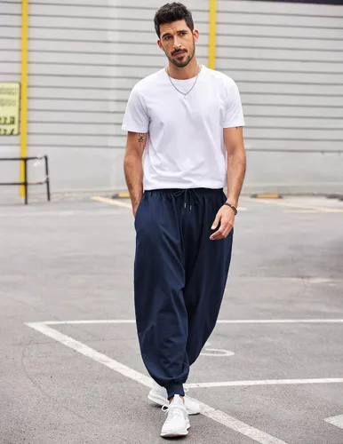 Miniatura 3 de COOFANDY Pantalones de harén hippie para hombre, holgados, de lino, bohemio, para yoga, casual, con entrepierna caída, pantalones