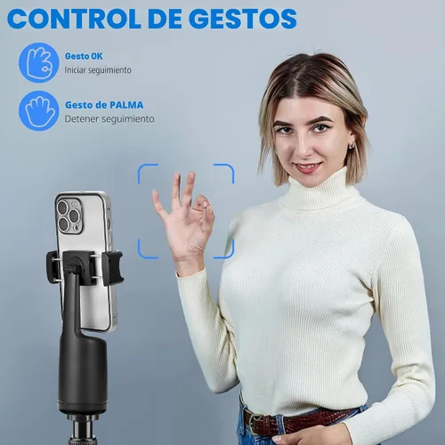 Miniatura 3 de Trípode de seguimiento facial automático, rotación de 360°, soporte para cámara de teléfono, soporte inteligente para disparos con palo selfie Negro