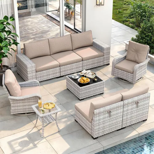 Miniatura 48 de Juego de muebles de mimbre para patio al aire libre de 3 piezas, sillas de patio giratorias mecedoras con respaldo alto con cojines gruesos de 4