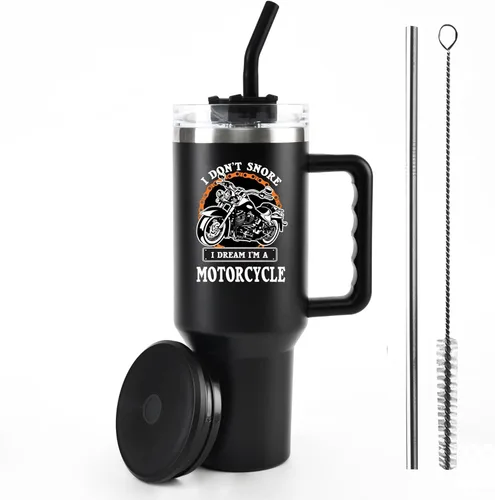 Panvola No ronco, sueño que soy una moto Taza de acero inoxidable para roncadores, motociclistas, regalo para papá, esposo, novio, tío, taza de Negro