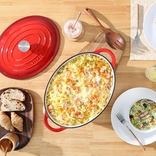 Miniatura 7 de Velaze Olla de horno holandés ovalada esmaltada de 7.5 QT con tapa, horno holandés de hierro fundido con asas duales para hornear pan, cocinar, Rojo