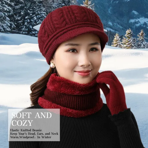 Miniatura 2 de DANMY Gorro de invierno para mujer, cálido tejido de lana holgada con visera