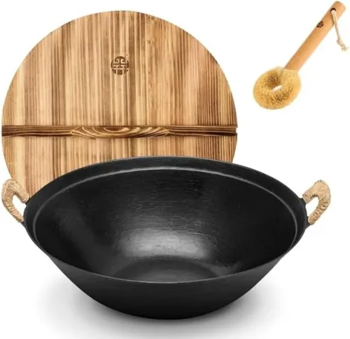 WANGYUANJI Wok de hierro fundido hecho a mano de 14.2 pulgadas, sartenes grandes para freír con doble mango, sartén adecuada para inducción,