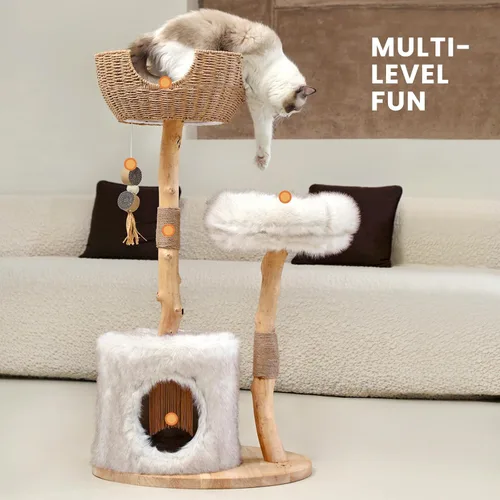 Miniatura 2 de PEGIC Natural Branch - Torre para gatos, árbol para gatos de varios niveles de 44 pulgadas de alto con nido de mimbre, poste rascador de sisal