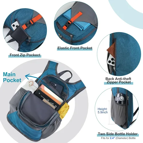 Miniatura 4 de FIORETTO Mochila de 10L para senderismo para mujeres y hombres, mini mochila plegable, ligera, mochila pequeña de día para camping, viaje, al aire