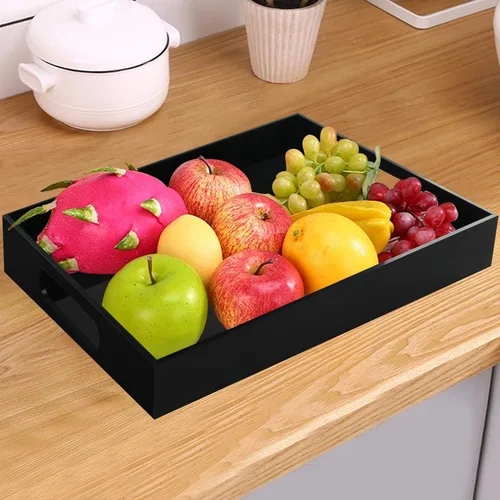Miniatura 4 de Tasybox Bandeja negra para servir, bandejas decorativas de acrílico con asas para cocina, comedor, mesa otomana, tocador, encimera, 16 x 12 pulgadas