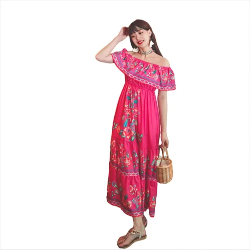 LIUQIANYU Vestido étnico floral Vestido de manga corta delgado con cintura alta y hombros descubiertos, estilo vintage de ganchillo suelto