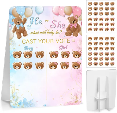 Poen Tablero de Juego de Revelación de Género de Oso con Soporte, 60 Calcomanías de Oso Él o Ella, Emite Tu Voto Suministros de Fiesta de Baby