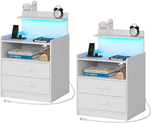 Miniatura 11 de Mesita de noche LED con estación de carga, mesita de noche con 2 cajones y almacenamiento abierto, mesa de noche con luces LED, mesa auxiliar Negro