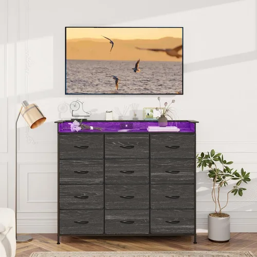 Miniatura 8 de Cómoda negra con luz LED, 12 cajones con estación de carga, cómoda para dormitorio con 12 cajones de tela para dormitorio, pasillo, entrada