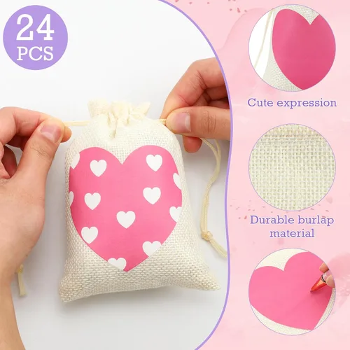 Miniatura 5 de Crtiin 24 bolsas de regalo de arpillera para el día de San Valentín, bolsas de regalo de lino con cordón de corazón, bolsa de dulces para regalos