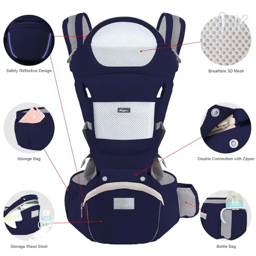 Miniatura 2 de Portabebés para recién nacidos a niños pequeños, con asiento de cadera, portabebés tipo canguro para hombres, mujeres, papá, mamá (azul oscuro)