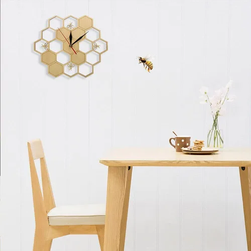 Miniatura 6 de XDG Reloj de pared de madera natural con diseño de abejas y panal de abeja, arte de pared, diseño de abeja, miel, contemporáneo, para decoración