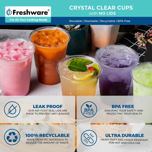 Miniatura 6 de Freshware Vasos de plástico transparente con tapas para sorbos sin popote [100 tazas – 12 onzas] Vaso desechable para café helado, batido, bebidas