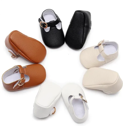 Miniatura 5 de HONGTEYA Mary Janes - Zapatos planos de piel sintética antideslizante con suela suave para bebés recién nacidos, zapatos de cuna para boda, fiesta