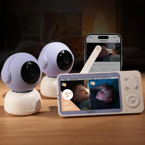 Miniatura 11 de BOIFUN Monitor Wi-Fi para bebés con cámara y audio, APP compatible con smartphones, visión nocturna HD 2K con pantalla de 5", seguimiento automático
