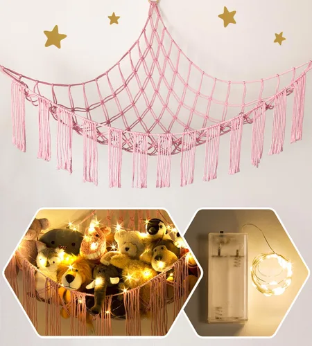 Miniatura 16 de RelaxScene Hamaca esquinera de animales de peluche con luz LED, hamaca de almacenamiento de juguetes, red de peluche grande, organizador colgante