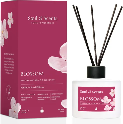 Soul & Scents Juego de difusor de varillas – Blossom | Aceite perfumado recargable de 7.43 onzas con 6 varillas de fibra | Fragancia y ambientador