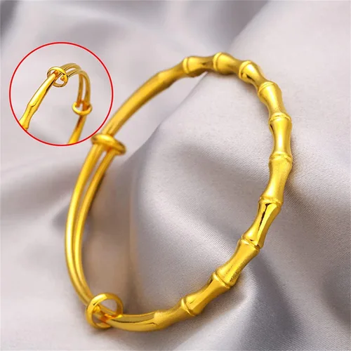 Miniatura 6 de Delicada pulsera de bambú de la suerte chapada en oro, pulseras de bambú de eslabones de cadena ajustables, pulsera de boda de bambú de riqueza