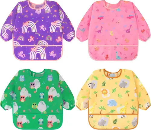 Miniatura 17 de Accmor 4 Pack Long Sleeve Bibs, Baby Smock Waterproof Sleeved Bib Smock for Baby Toddler 6-36 Months Dinosaurio azul/cerdo naranja/alce