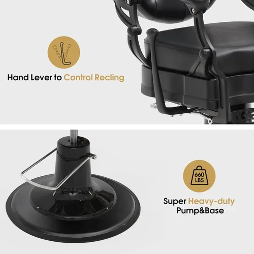 Miniatura 5 de BarberPub Silla de peluquero resistente para hombres con reposacabezas, sillas reclinables hidráulicas de metal antiguo multiusos, equipo de negro