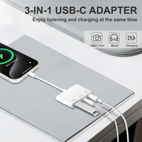 Miniatura 2 de Adaptador de Aux a USB C a USB, Adaptador OTG USB 3-en-1 con Adaptador de Audio USB C a 3.5mm y Puerto de Carga Rápida PD de 60W, Compatible