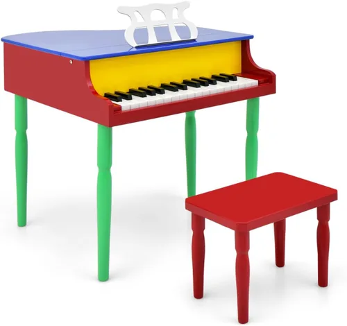 Miniatura 15 de HONEY JOY Piano clásico para niños, mini piano de cola de 30 teclas con soporte de música y banco, juguete de instrumento musical de madera con tapa