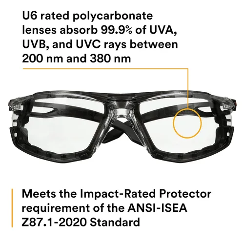 Miniatura 7 de 3M Gafas de seguridad, SecureFit Serie 500, paquete de 20, ANSI Z87, patillas de trinquete ajustables, gafas protectoras deportivas, lentes