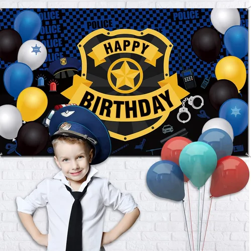 Miniatura 5 de Irenare Decoraciones de fiesta de cumpleaños de policía, suministros de decoración de fiesta de coche de policía, pancarta grande con insignia