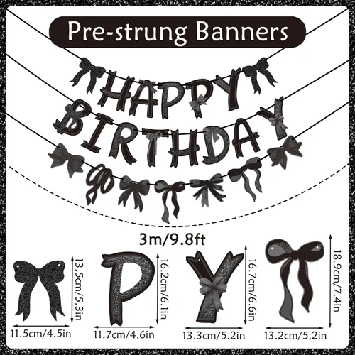 Miniatura 2 de Decoraciones de Cumpleaños con Lazo Negro Pre-encordado, Decoraciones de Fiesta Coqueta Negra, Suministros de Fiesta con Lazo Incluyen Pancarta