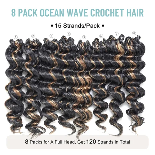 Miniatura 5 de Cabello de ganchillo con ondas oceánicas, 12 pulgadas, 8 paquetes de 3 tonos, cabello rizado de longitud media, rizado y ondulado profundo