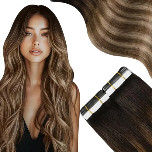 Miniatura 13 de Moresoo Extensiones adhesivas de cabello humano degradado, balayage, mezcla de marrón oscuro con extensiones de color marrón medio, extensiones