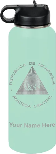 Miniatura 78 de LaserGram Botella de agua personalizada, bandera de Nicaragua, acero inoxidable de doble pared aislada al vacío con popote superior, regalo grabado