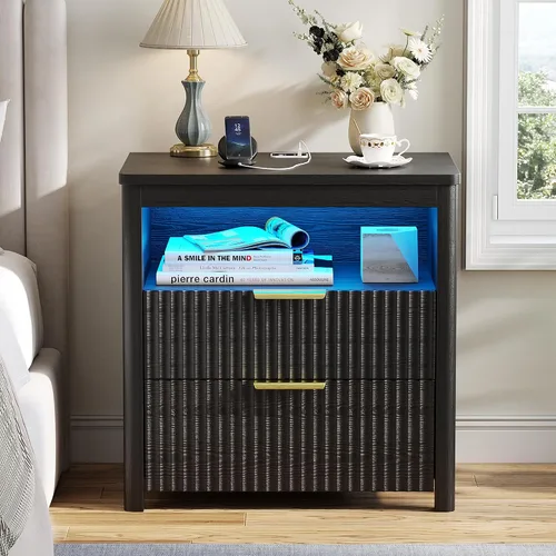 Miniatura 11 de LVSOMT Mesita de noche negra para dormitorio con estación de carga y luces LED, moderna mesita de noche con cajón oculto, mesita de noche