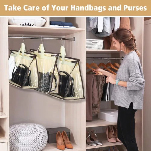 Miniatura 6 de Paquete de 16 organizadores transparentes de almacenamiento para bolsos con 16 ganchos en S de acero inoxidable, 4 tamaños surtidos, bolsas