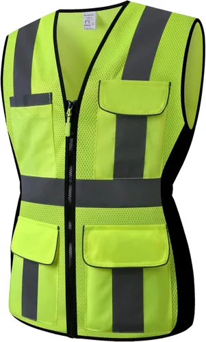 Miniatura 9 de Chaleco de seguridad para mujeres, chaleco de trabajo reflectante de alta visibilidad con 9 bolsillos múltiples y cremallera Negro