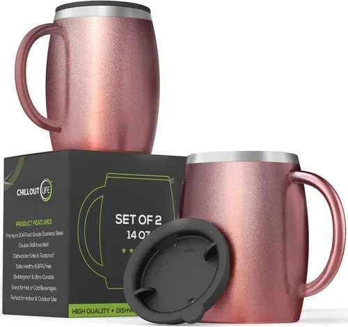 Miniatura 9 de Juego de 2 tazas de café aisladas de acero inoxidable (14 onzas) de doble pared con tapa y asa resistentes a derrames, tazas inastillables