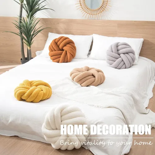 Miniatura 3 de XIAIJIA Almohada redonda de nudo caqui de 14 pulgadas, almohada redonda de nudo de felpa suave, cojín decorativo moderno para el hogar, cama
