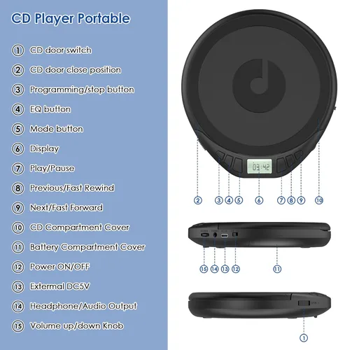 Miniatura 8 de Reproductor de CD Gueray: reproductor de CD portátil Dsicman: con auriculares para el coche con protección contra saltos y a prueba de golpes