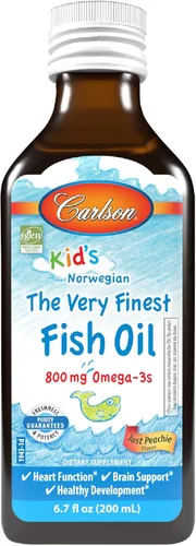 Carlson El aceite de pescado The Very Finest para niños, 800 mg de omega-3, sabor Just Peachie, 6.8 fl oz - Aceite de pescado noruego líquido,